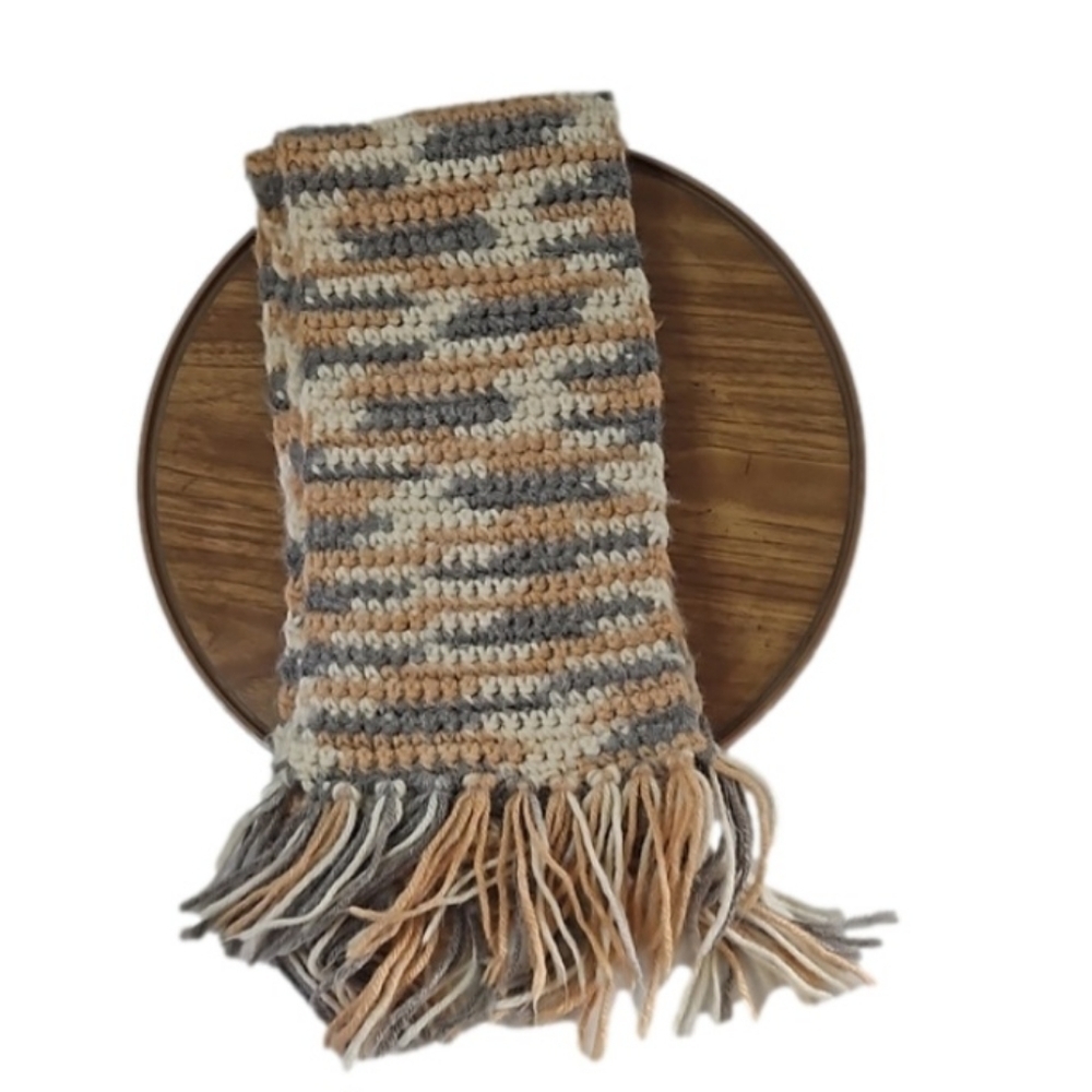 Handmade Crochet Scarf Gray Cream  Brown Upcycled Eco-Friendly Hand Knit Artisan - Picture 6 of 17